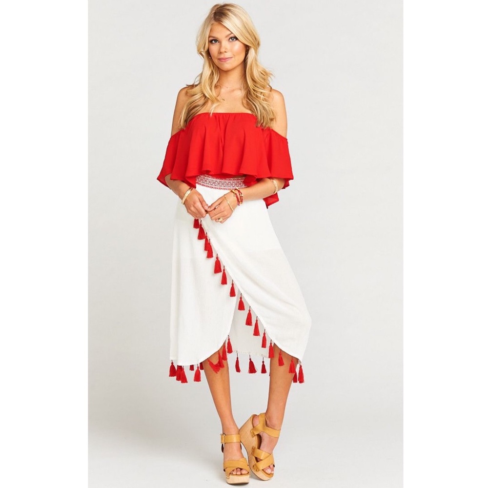 Show Me Your Mumu Leilani Tassel Wrap Midi Skirt XS White Red
